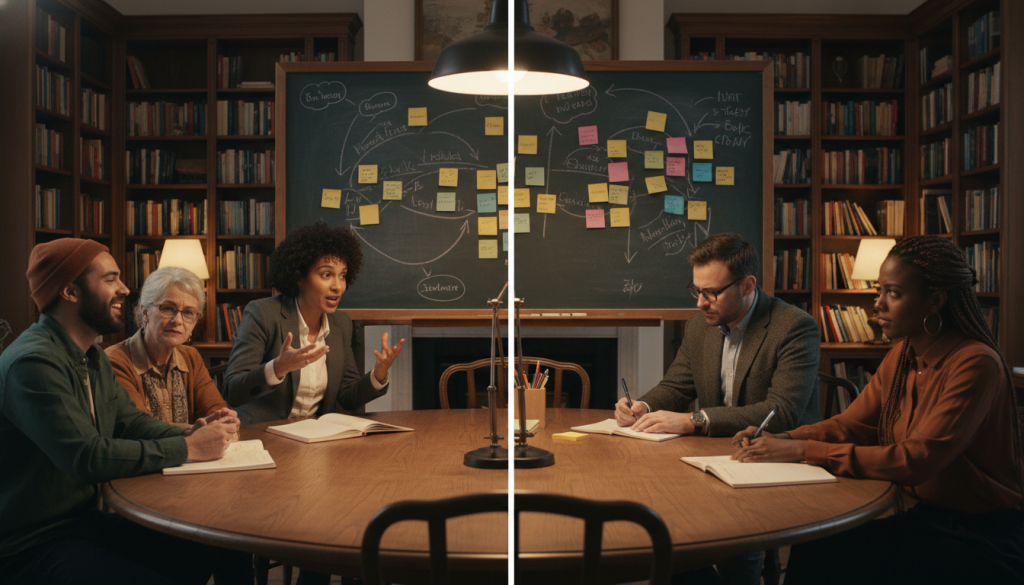 A split scene showcasing a diverse group of writers sitting at a large round table, each displaying different emotional expressions and perspectives as they collaborate on a novel outline. In the foreground, a woman in professional business attire passionately gestures while explaining her character's emotional arc. In the middle, a man with glasses takes notes, looking thoughtful, representing a second point of view. The background features a chalkboard filled with colorful sticky notes and arrows connecting various plot points. Soft, warm lighting illuminates the scene, creating an inviting atmosphere, while a cozy, well-lit room with bookshelves adds depth and creativity. The overall mood is collaborative and dynamic, encapsulating the essence of managing multiple points of view in storytelling.