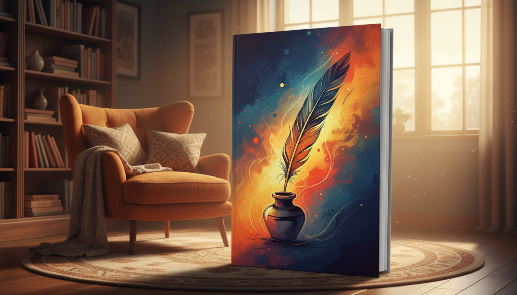 A stylish book cover design concept displayed prominently in the foreground, featuring a blend of vibrant colors and elegant typography. The cover showcases a visually compelling illustration of a quill and inkpot, symbolizing the art of writing, with subtle textures reminiscent of parchment. In the middle ground, a cozy reading nook with a warm armchair and a bookshelf filled with various genres of books creates an inviting atmosphere. The background features soft, diffused lighting that simulates a sunrise, casting a gentle glow on the scene, evoking inspiration and creativity. Capture a sense of professionalism and warmth, ideal for beginner authors looking to create an appealing book cover. The overall mood should encourage exploration and the joy of writing, minus any text or watermarks.