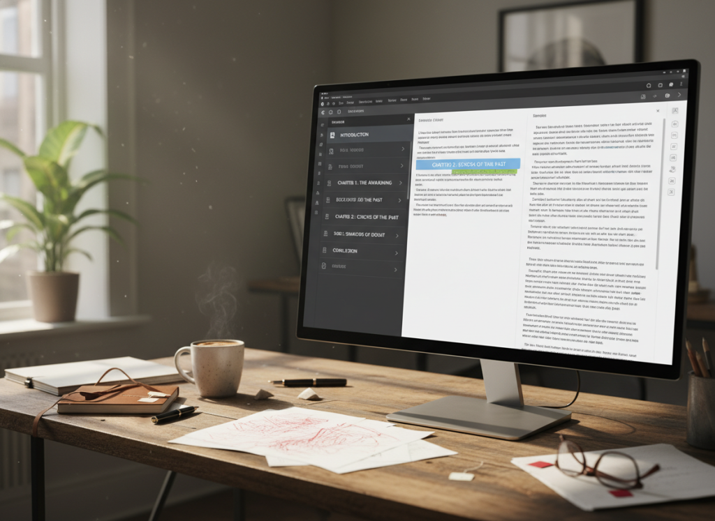 A stylish manuscript editor interface displayed on a sleek modern computer screen, prominently showcasing an organized layout of chapters and sections. The foreground features a close-up of the screen, highlighting clickable chapter titles and a clear navigation sidebar. In the middle background, a well-lit desk is adorned with scattered notes and a cup of coffee, creating a cozy, creative workspace. Soft, natural light filters in from a nearby window, casting gentle shadows that add depth. The atmosphere is calm and focused, inviting inspiration and productivity. The screen is free of clutter, with no text overlays or distractions, ensuring a professional presentation of the manuscript editing process.