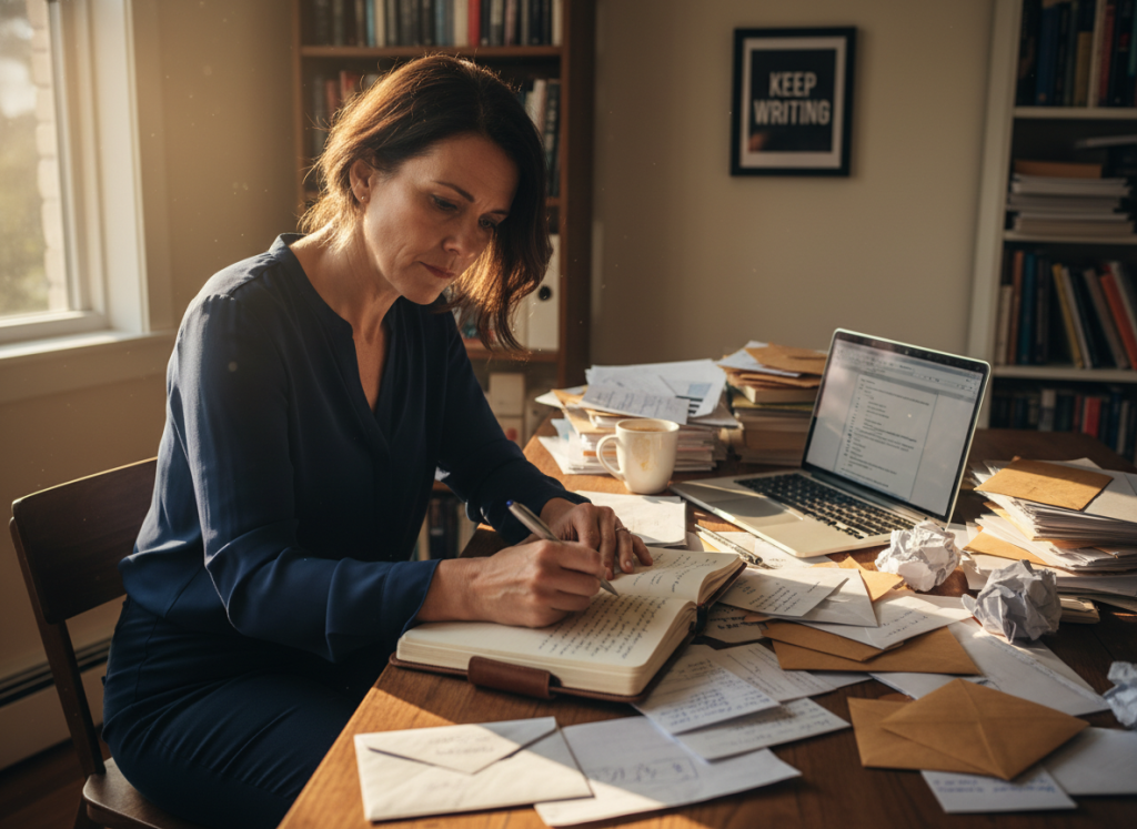 A thoughtful author sitting at a desk cluttered with rejection letters and agent feedback notes, their face reflecting a blend of determination and introspection. In the foreground, the author, a middle-aged woman dressed in a modest professional outfit, writes in a journal, capturing her feelings. In the middle ground, stacks of paper and a laptop are visible, with a cup of coffee and a motivational poster on the wall behind. The background features a cozy home office bathed in warm, natural light streaming through a window, creating an atmosphere of resilience and hope. The angle is slightly tilted to focus on the author's expression, invoking a sense of personal struggle and perseverance while encouraging motivation amidst rejection. A thoughtful author sitting at a desk cluttered with rejection letters and agent feedback notes, their face reflecting a blend of determination and introspection. In the foreground, the author, a middle-aged woman dressed in a modest professional outfit, writes in a journal, capturing her feelings. In the middle ground, stacks of paper and a laptop are visible, with a cup of coffee and a motivational poster on the wall behind. The background features a cozy home office bathed in warm, natural light streaming through a window, creating an atmosphere of resilience and hope. The angle is slightly tilted to focus on the author's expression, invoking a sense of personal struggle and perseverance while encouraging motivation amidst rejection.