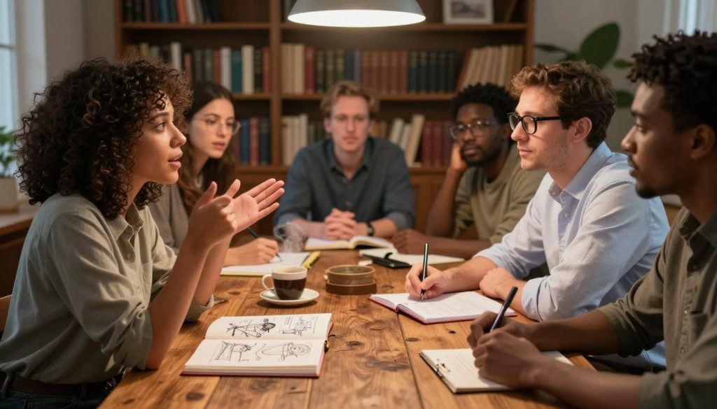 A thoughtful scene depicting a diverse group of writers sitting around a large, rustic wooden table, each engaged in deep conversation about character-driven stories. In the foreground, a woman with curly hair, wearing smart casual attire, is passionately gesturing as she shares her perspective. Beside her, a man with glasses, dressed in a neatly pressed shirt, listens attentively, jotting down notes. In the middle ground, an open notebook lies next to a steaming cup of coffee, with character sketches and notes visible. The background features a cozy bookshelf filled with classic literary works, softly illuminated by warm overhead lighting, creating an inviting atmosphere that promotes creativity and collaboration. The overall mood is inspiring and focused, capturing the essence of embracing character-driven narratives. A thoughtful scene depicting a diverse group of writers sitting around a large, rustic wooden table, each engaged in deep conversation about character-driven stories. In the foreground, a woman with curly hair, wearing smart casual attire, is passionately gesturing as she shares her perspective. Beside her, a man with glasses, dressed in a neatly pressed shirt, listens attentively, jotting down notes. In the middle ground, an open notebook lies next to a steaming cup of coffee, with character sketches and notes visible. The background features a cozy bookshelf filled with classic literary works, softly illuminated by warm overhead lighting, creating an inviting atmosphere that promotes creativity and collaboration. The overall mood is inspiring and focused, capturing the essence of embracing character-driven narratives.