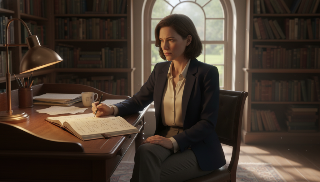 A thoughtful writer seated at a wooden desk in a cozy study, illuminated by warm, soft lighting from a desk lamp. The foreground shows an open notebook filled with handwritten notes. In the middle, a focused expression on the writer's face conveys deep concentration, with the writer dressed in professional business attire. Surrounding them are shelves filled with books on narrative techniques and storytelling. The background features a large window, letting in gentle daylight, casting subtle shadows that add depth to the scene. The mood is contemplative and inspiring, emphasizing the importance of maintaining consistent perspective in narrative writing, with a sense of creative energy and focus. A thoughtful writer seated at a wooden desk in a cozy study, illuminated by warm, soft lighting from a desk lamp. The foreground shows an open notebook filled with handwritten notes. In the middle, a focused expression on the writer's face conveys deep concentration, with the writer dressed in professional business attire. Surrounding them are shelves filled with books on narrative techniques and storytelling. The background features a large window, letting in gentle daylight, casting subtle shadows that add depth to the scene. The mood is contemplative and inspiring, emphasizing the importance of maintaining consistent perspective in narrative writing, with a sense of creative energy and focus.