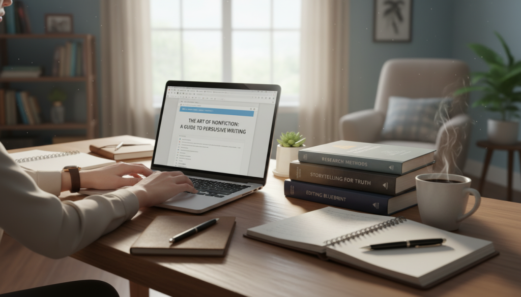 A tranquil workspace featuring a wooden desk cluttered with notebooks and an open laptop, symbolizing the process of writing a compelling nonfiction guide. In the foreground, a pair of hands is actively typing on the keyboard, dressed in professional attire, conveying focus and productivity. The middle ground showcases a stack of well-organized reference books and a steaming cup of coffee, highlighting the writer’s devotion to research and clarity. The background features a bright window allowing soft, natural light to cascade into the scene, creating a warm, inviting atmosphere filled with inspiration. The overall mood is encouraging and contemplative, inspiring viewers to engage in the art of nonfiction writing. A tranquil workspace featuring a wooden desk cluttered with notebooks and an open laptop, symbolizing the process of writing a compelling nonfiction guide. In the foreground, a pair of hands is actively typing on the keyboard, dressed in professional attire, conveying focus and productivity. The middle ground showcases a stack of well-organized reference books and a steaming cup of coffee, highlighting the writer’s devotion to research and clarity. The background features a bright window allowing soft, natural light to cascade into the scene, creating a warm, inviting atmosphere filled with inspiration. The overall mood is encouraging and contemplative, inspiring viewers to engage in the art of nonfiction writing.