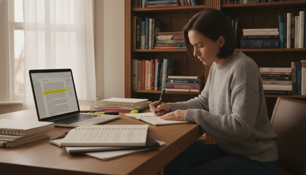A tranquil workspace scene illustrating the nonfiction editing process. In the foreground, a wooden desk is cluttered with open notebooks, pens, and a laptop displaying a manuscript highlight. A professional, focused individual in smart casual attire is sitting at the desk, making notes with attention to detail. In the middle ground, a bookshelf filled with nonfiction books and editing guides hints at knowledge and inspiration. The background includes warm, soft lighting from a nearby window, creating an inviting atmosphere. The composition conveys a sense of concentration and dedication, with light casting gentle shadows that add depth, making the editing process feel both approachable and professional. A tranquil workspace scene illustrating the nonfiction editing process. In the foreground, a wooden desk is cluttered with open notebooks, pens, and a laptop displaying a manuscript highlight. A professional, focused individual in smart casual attire is sitting at the desk, making notes with attention to detail. In the middle ground, a bookshelf filled with nonfiction books and editing guides hints at knowledge and inspiration. The background includes warm, soft lighting from a nearby window, creating an inviting atmosphere. The composition conveys a sense of concentration and dedication, with light casting gentle shadows that add depth, making the editing process feel both approachable and professional.