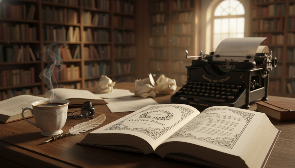 A tranquil writer's workspace featuring an open book on a wooden desk, showcasing a clearly defined chapter break with elegant visual markers, such as ornate borders or separators. In the foreground, a cup of steaming coffee and a vintage quill pen sit beside the book, indicating a moment of contemplation. The middle ground includes a soft-focus view of hand-written notes and a typewriter, reflecting the creative process of transitioning between chapters. In the background, a warm, inviting library filled with shelves of books bathed in soft, golden lighting, creating an atmosphere of inspiration and reflection. The overall mood is serene and focused, emphasizing the importance of chapter breaks in storytelling, captured with a shallow depth of field to draw the viewer's attention to the foreground elements.