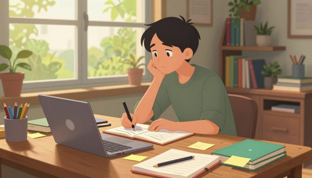 A tranquil writing scene reflecting the hybrid writing style of a "Plantser." In the foreground, a wooden desk is cluttered with colorful notebooks, sticky notes, and a laptop, embodying a balance between plotting and spontaneity. In the middle ground, a thoughtful writer, attired in smart casual clothing, is seated and scribbling ideas while gazing out a large window filled with greenery, symbolizing natural inspiration. The background showcases an inviting, sunlit room filled with bookshelves and plants, enhancing the creative atmosphere. Warm, soft lighting casts gentle shadows, creating an inviting mood. The camera angle captures an intimate and cozy perspective, immersing viewers in the dynamic interplay of structure and free expression in the writing process.