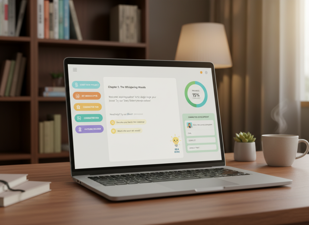 A user-friendly writing software interface designed for first-time authors, prominently displayed on a sleek laptop. The foreground showcases a minimalist design with easy-to-navigate menus and vibrant color accents. In the middle, a soft glow highlights the screen's features, like a text editor with helpful prompts, a progress tracker, and character development tools. The background is slightly blurred to emphasize the laptop while including hints of a cozy writing environment, such as a well-organized desk, a bookshelf filled with inspirational books, and warm ambient lighting. The atmosphere is inviting and creative, suggesting a space conducive to writing and brainstorming. The camera angle is slightly above eye level, capturing the interface in a dynamic perspective. No human figures are present in the scene. A user-friendly writing software interface designed for first-time authors, prominently displayed on a sleek laptop. The foreground showcases a minimalist design with easy-to-navigate menus and vibrant color accents. In the middle, a soft glow highlights the screen's features, like a text editor with helpful prompts, a progress tracker, and character development tools. The background is slightly blurred to emphasize the laptop while including hints of a cozy writing environment, such as a well-organized desk, a bookshelf filled with inspirational books, and warm ambient lighting. The atmosphere is inviting and creative, suggesting a space conducive to writing and brainstorming. The camera angle is slightly above eye level, capturing the interface in a dynamic perspective. No human figures are present in the scene.