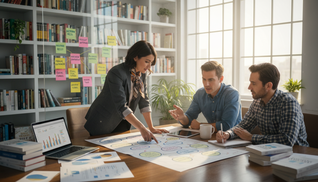 A vibrant and engaging scene depicting a strategic book launch planning session. In the foreground, a diverse group of three professionals, a woman in a smart blazer and two men in business casual shirts, huddle around a large table filled with colorful marketing materials, charts, and a laptop open displaying analytics. In the middle ground, a whiteboard is filled with sticky notes and brainstorming ideas related to book marketing tactics, such as social media campaigns and influencer partnerships. The background features a well-lit modern office with bookshelves filled with successful nonfiction titles, creating an atmosphere of productivity and inspiration. Soft natural light filters in through large windows, enhancing the inviting and creative mood. The overall composition should evoke a sense of collaboration and strategic planning. A vibrant and engaging scene depicting a strategic book launch planning session. In the foreground, a diverse group of three professionals, a woman in a smart blazer and two men in business casual shirts, huddle around a large table filled with colorful marketing materials, charts, and a laptop open displaying analytics. In the middle ground, a whiteboard is filled with sticky notes and brainstorming ideas related to book marketing tactics, such as social media campaigns and influencer partnerships. The background features a well-lit modern office with bookshelves filled with successful nonfiction titles, creating an atmosphere of productivity and inspiration. Soft natural light filters in through large windows, enhancing the inviting and creative mood. The overall composition should evoke a sense of collaboration and strategic planning.