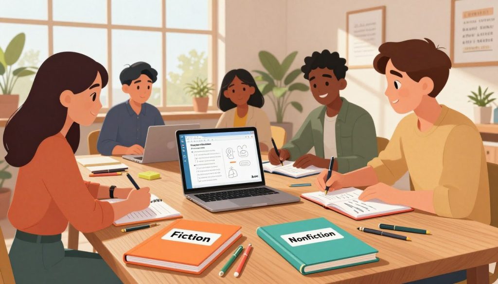 A vibrant and informative scene depicting "Fiction vs Nonfiction Outlining" with Storyloft. In the foreground, a polished wooden table hosts various colorful notebooks labeled "Fiction" and "Nonfiction," surrounded by modern stationery, including pens and a laptop showcasing the Storyloft logo. The middle ground features a diverse group of focused individuals in professional attire, one pointing at a digital outline on the laptop, while another sketches ideas in a notebook. In the background, large windows allow warm, natural light to flood the room, highlighting a bright and inviting workspace decorated with plants and motivational quotes. The atmosphere is energetic and collaborative, reflecting the excitement of turbocharging book planning.
