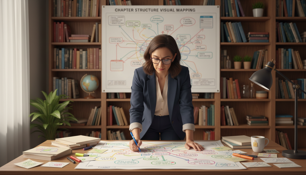 A vibrant and organized workspace featuring a large, visually striking wall chart showcasing chapter structure visual mapping techniques. In the foreground, a smartly dressed writer, a middle-aged Hispanic woman, is focused on a colorful mind map filled with interconnected concepts and symbols relating to chapter outlines. The middle layer reveals various note cards and sketches scattered across a wooden desk, each displaying different chapter themes and ideas. In the background, a softly lit library with shelves filled with books creates an atmosphere of creativity and productivity. The lighting is warm and inviting, casting gentle shadows that enhance the depth of the scene. The image conveys a sense of focus and inspiration, perfect for illustrating the process of creating effective chapter outlines for better revision.