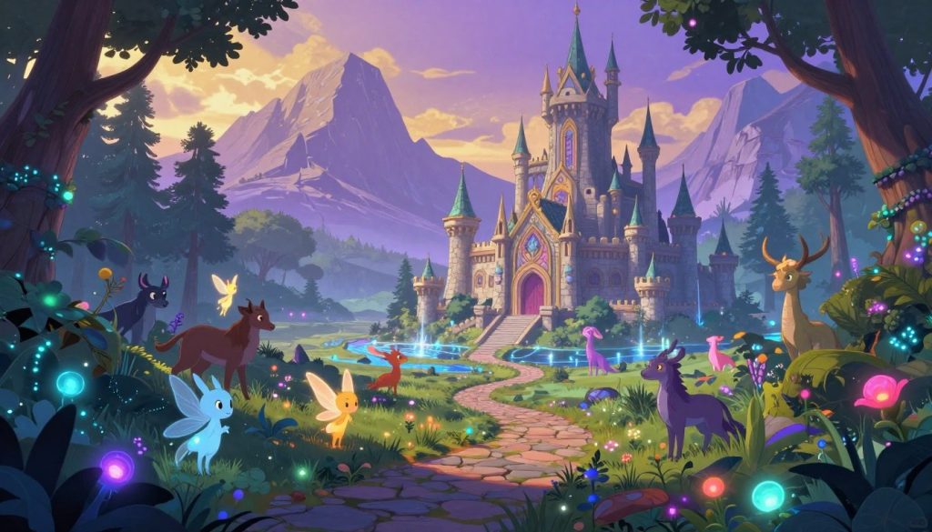 A vibrant fantasy landscape filled with diverse world-building elements. In the foreground, a lush, enchanted forest teeming with bioluminescent plants and fantastical creatures, such as gentle fairies and mythical animals. In the middle ground, an ancient stone castle with towering spires and intricate designs, surrounded by a shimmering moat. A winding cobblestone path leads from the castle through the forest. In the background, majestic mountains rise under a twilight sky painted in shades of purple and gold. Soft, ethereal lighting casts a dreamy glow over the scene, enhancing the magical atmosphere. The image invokes feelings of wonder and mystery, suitable for inspiring writers focused on building immersive fantasy worlds. Wide angle view captures the depth and detail of the environment.