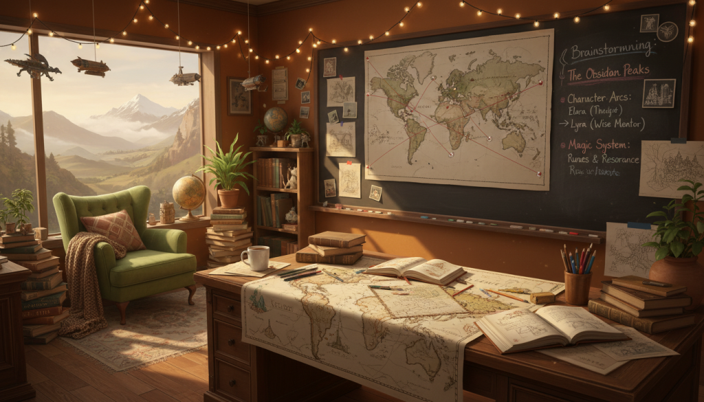 A vibrant workspace depicting the essence of world-building and setting development for novel writing. In the foreground, a wooden desk cluttered with open notebooks filled with handwritten notes, colorful maps spread out, and sketches of fantastical landscapes. A cozy reading nook with a comfortable armchair and a stack of classic novels provides an inviting feel. In the middle, a large world map pinned to the wall, with various locations marked, and a chalkboard filled with brainstorming ideas and character arcs. In the background, the soft glow of a window allowing warm, natural light to fill the room, casting gentle shadows. The atmosphere is imaginative and inspiring, embodying creativity and focus, with hints of fantasy reflected in the decor. A warm color palette enhances a sense of adventure and storytelling. A vibrant workspace depicting the essence of world-building and setting development for novel writing. In the foreground, a wooden desk cluttered with open notebooks filled with handwritten notes, colorful maps spread out, and sketches of fantastical landscapes. A cozy reading nook with a comfortable armchair and a stack of classic novels provides an inviting feel. In the middle, a large world map pinned to the wall, with various locations marked, and a chalkboard filled with brainstorming ideas and character arcs. In the background, the soft glow of a window allowing warm, natural light to fill the room, casting gentle shadows. The atmosphere is imaginative and inspiring, embodying creativity and focus, with hints of fantasy reflected in the decor. A warm color palette enhances a sense of adventure and storytelling.