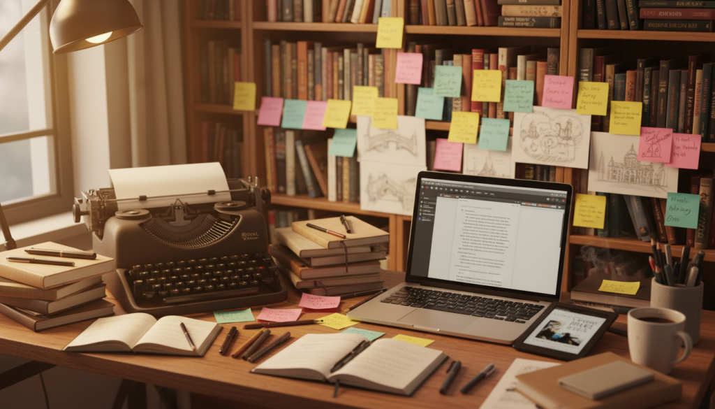 A vibrant workspace filled with creative writing tools and techniques. In the foreground, a wooden desk cluttered with notebooks, pens, and a vintage typewriter, symbolizing traditional publishing. In the middle ground, an open laptop displaying a digital manuscript and an e-reader showcasing an online publication. Surrounding the desk, colorful post-it notes and sketches of story flows. In the background, a cozy bookshelf filled with various genres of books representing diverse publishing formats. Soft, warm lighting creates an inviting atmosphere, with a focus on the writing tools. The scene captures a sense of inspiration and focus, emphasizing the journey of an author developing their craft. The angle is slightly overhead to showcase the desk's intricacies.