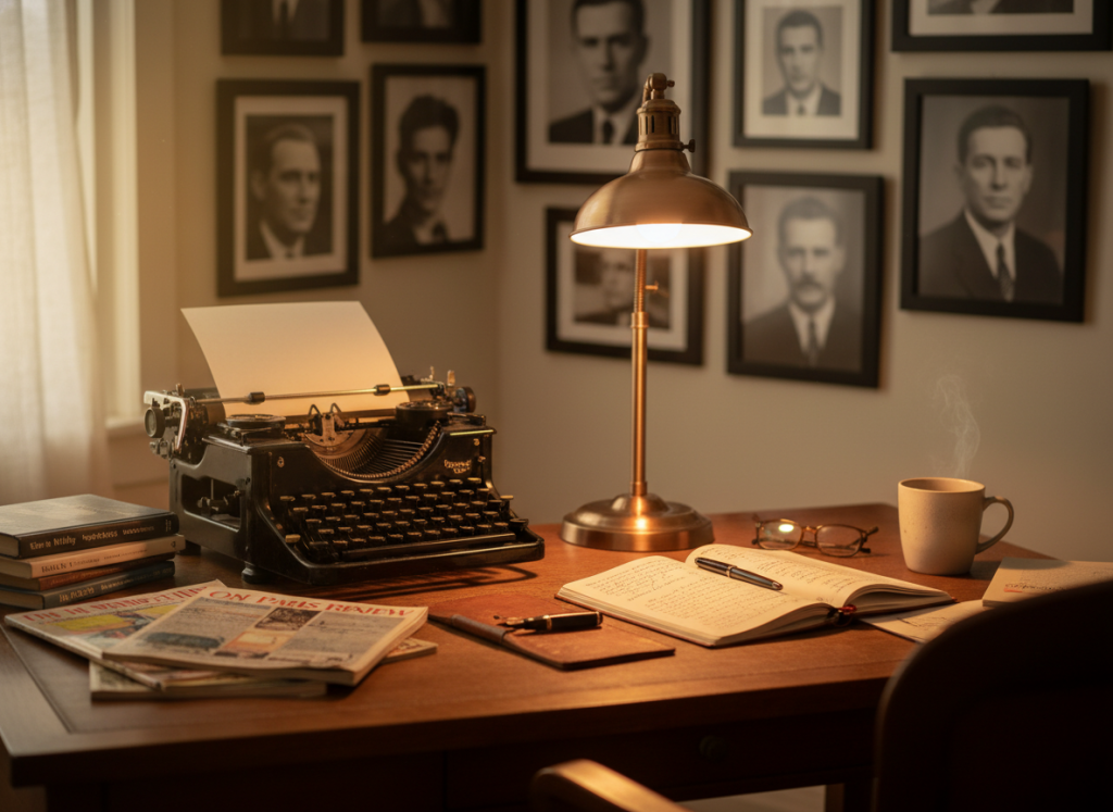A vintage desk in a cozy, well-lit office, featuring a classic typewriter with a blank sheet of paper ready for a query letter. In the foreground, neatly stacked literary magazines and reference books about writing. The middle layer includes a soft glowing lamp casting warm light on an open notebook filled with handwritten notes. The background shows a wall lined with framed images of renowned authors, instilling inspiration. The mood is focused yet inviting, creating an atmosphere of creativity and professionalism. The lighting is soft and warm, evoking a sense of calm, while a shallow depth of field blurs the background slightly to emphasize the desk and its contents.