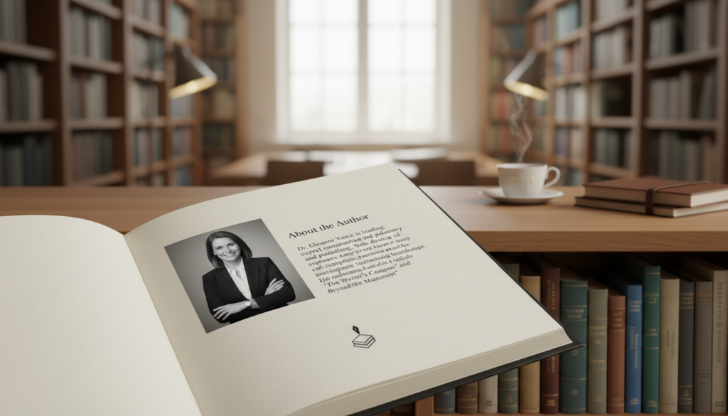A visually appealing author bio section in a well-organized book layout. In the foreground, a neatly designed page featuring a professional author's photo in business attire, accompanied by a concise bio in elegant typography. The middle ground showcases a subtle bookshelf filled with various books to convey an intellectual atmosphere. The background includes a soft, blurred library setting with warm lighting, creating a cozy yet professional ambiance. The scene is captured with a slight overhead angle to emphasize the book layout, highlighting the balance between text and imagery. The overall mood is inviting and scholarly, perfect for a guide on writing and publishing. A visually appealing author bio section in a well-organized book layout. In the foreground, a neatly designed page featuring a professional author's photo in business attire, accompanied by a concise bio in elegant typography. The middle ground showcases a subtle bookshelf filled with various books to convey an intellectual atmosphere. The background includes a soft, blurred library setting with warm lighting, creating a cozy yet professional ambiance. The scene is captured with a slight overhead angle to emphasize the book layout, highlighting the balance between text and imagery. The overall mood is inviting and scholarly, perfect for a guide on writing and publishing.