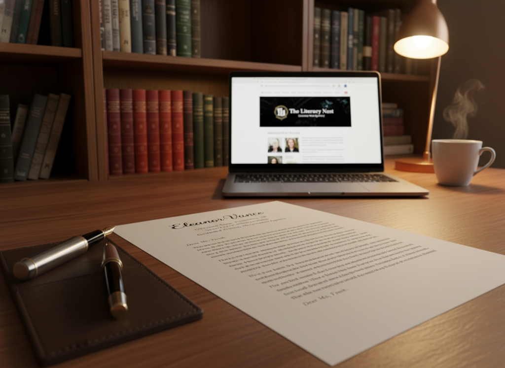 A visually appealing, personalized query letter displayed on a wooden desk. The letter features elegant typography and a professional layout, with the sender's details neatly formatted at the top. In the foreground, a stylish fountain pen rests beside the letter, suggesting a thoughtful touch. The middle ground showcases a laptop opened to a literary agent's website, with the screen softly illuminated. In the background, a bookshelf filled with a mix of classic and contemporary literature adds depth and interest, creating a cozy, intellectual atmosphere. Soft, warm lighting enhances the scene, conveying a sense of creativity and professionalism. The perspective is slightly angled to capture both the letter and the laptop, inviting the viewer into the workspace. A visually appealing, personalized query letter displayed on a wooden desk. The letter features elegant typography and a professional layout, with the sender's details neatly formatted at the top. In the foreground, a stylish fountain pen rests beside the letter, suggesting a thoughtful touch. The middle ground showcases a laptop opened to a literary agent's website, with the screen softly illuminated. In the background, a bookshelf filled with a mix of classic and contemporary literature adds depth and interest, creating a cozy, intellectual atmosphere. Soft, warm lighting enhances the scene, conveying a sense of creativity and professionalism. The perspective is slightly angled to capture both the letter and the laptop, inviting the viewer into the workspace.