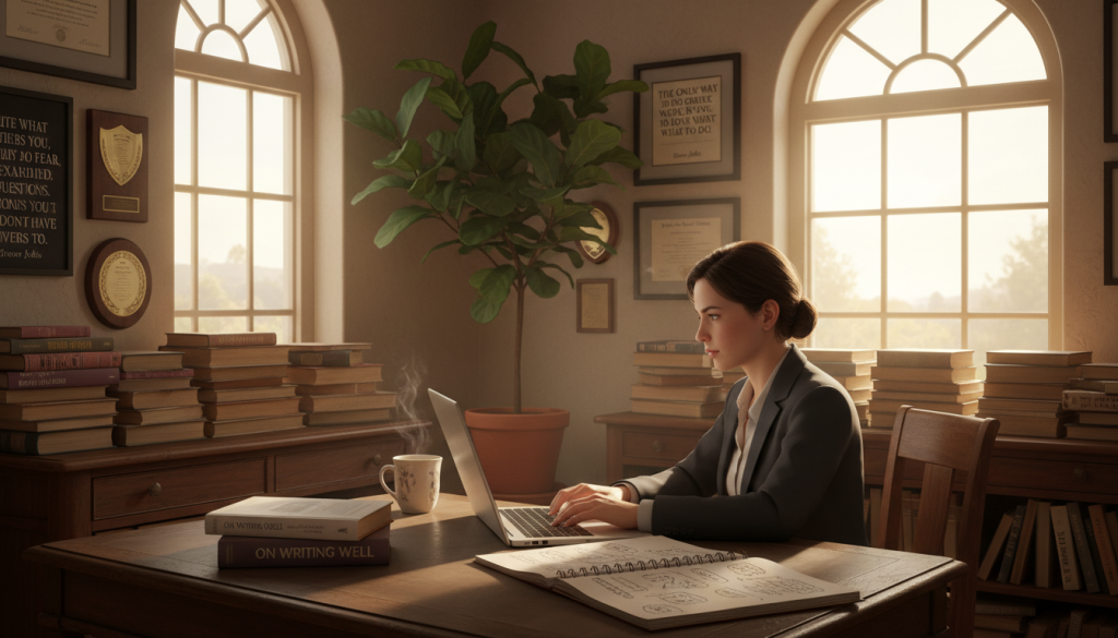 A visually captivating scene depicting a writer in a cozy, sunlit study, surrounded by stacks of books on writing and creativity. In the foreground, a focused individual in professional attire is seated at a classic wooden desk, intently typing on a laptop, with a notepad filled with annotated ideas beside them. In the middle, large windows permit warm, golden light to flood the room, illuminating a wall filled with inspirational quotes and literary awards. In the background, a lush indoor plant adds a touch of greenery, while a coffee mug steams lightly beside an open book on writing techniques. The atmosphere exudes a sense of calm determination, with soft shadows enhancing the sense of depth and focus in the composition, suggesting productivity and long-term success in nonfiction writing. A visually captivating scene depicting a writer in a cozy, sunlit study, surrounded by stacks of books on writing and creativity. In the foreground, a focused individual in professional attire is seated at a classic wooden desk, intently typing on a laptop, with a notepad filled with annotated ideas beside them. In the middle, large windows permit warm, golden light to flood the room, illuminating a wall filled with inspirational quotes and literary awards. In the background, a lush indoor plant adds a touch of greenery, while a coffee mug steams lightly beside an open book on writing techniques. The atmosphere exudes a sense of calm determination, with soft shadows enhancing the sense of depth and focus in the composition, suggesting productivity and long-term success in nonfiction writing.
