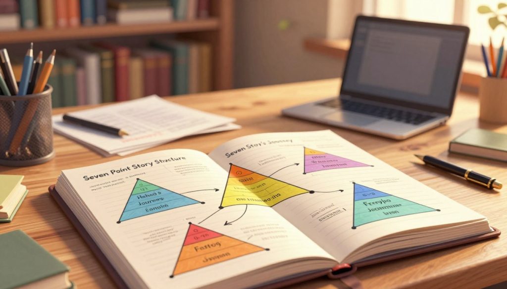 A visually captivating scene depicting the blending of various story structures in writing. In the foreground, a large, open notebook filled with colorful diagrams of the Seven Point Story Structure intermingling with other models like the Hero's Journey and Freytag's Pyramid. The middle ground showcases a creative workspace with a desk cluttered with pens, papers, and a laptop, emphasizing a writer's environment. In the background, a soft-focus image of a warm-lit library filled with books, enhancing the atmosphere of inspiration and creativity. The lighting is warm and inviting, resembling late afternoon sunlight. The mood is thoughtful and imaginative, inviting readers to explore the interconnectedness of storytelling frameworks.
