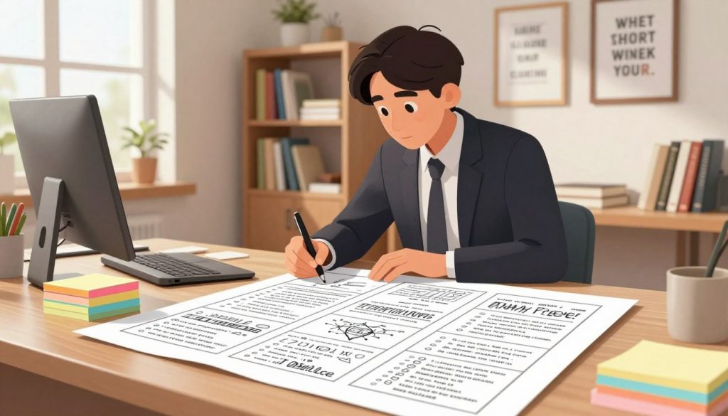 A visually compelling image illustrating the importance of outlines in writing, featuring a serene writer working at a well-organized desk. In the foreground, a structured outline sheet filled with bullet points and ideas sprawls across the desk, with a neatly arranged stack of colorful sticky notes nearby. In the middle ground, the writer, depicted in smart business attire, is deeply focused, pen in hand, gazing thoughtfully at the outline. The background showcases a bright, organized workspace with bookshelves filled with writing guides and motivational quotes framed on the walls. The scene is bathed in warm, natural light from a nearby window, creating a calm and inspiring atmosphere that conveys clarity and creativity. The lens captures the scene in a slightly angled shot to emphasize depth and engagement. A visually compelling image illustrating the importance of outlines in writing, featuring a serene writer working at a well-organized desk. In the foreground, a structured outline sheet filled with bullet points and ideas sprawls across the desk, with a neatly arranged stack of colorful sticky notes nearby. In the middle ground, the writer, depicted in smart business attire, is deeply focused, pen in hand, gazing thoughtfully at the outline. The background showcases a bright, organized workspace with bookshelves filled with writing guides and motivational quotes framed on the walls. The scene is bathed in warm, natural light from a nearby window, creating a calm and inspiring atmosphere that conveys clarity and creativity. The lens captures the scene in a slightly angled shot to emphasize depth and engagement.