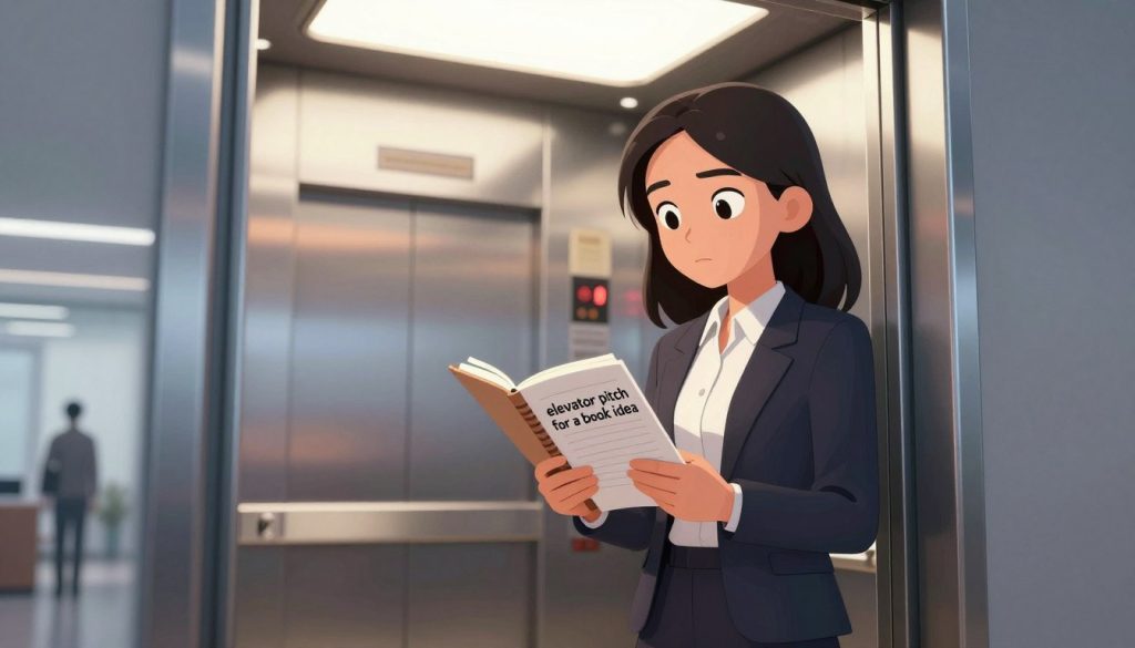 A visually compelling scene illustrating an "elevator pitch for a book idea." In the foreground, a confident young professional woman in smart business attire stands by an elevator door, holding a notebook filled with notes about her book concept. In the middle, the elevator interior features sleek metallic walls and soft ambient lighting, creating a welcoming atmosphere. The background shows a blurred office corridor, hinting at a lively corporate environment. The overall mood should be focused and inspired, reflecting the excitement of presenting a groundbreaking idea. Soft, diffused light streams from above, emphasizing the character’s expression of determination and clarity. The angle is slightly low to capture the dynamism of the scene, enhancing the urgency of the pitching moment. A visually compelling scene illustrating an "elevator pitch for a book idea." In the foreground, a confident young professional woman in smart business attire stands by an elevator door, holding a notebook filled with notes about her book concept. In the middle, the elevator interior features sleek metallic walls and soft ambient lighting, creating a welcoming atmosphere. The background shows a blurred office corridor, hinting at a lively corporate environment. The overall mood should be focused and inspired, reflecting the excitement of presenting a groundbreaking idea. Soft, diffused light streams from above, emphasizing the character’s expression of determination and clarity. The angle is slightly low to capture the dynamism of the scene, enhancing the urgency of the pitching moment.