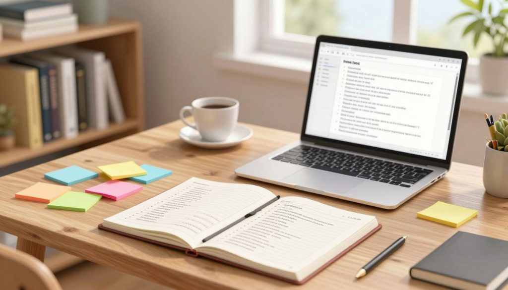 A visually compelling workspace showcasing real-life examples of outlines in writing. In the foreground, a wooden desk features an open notebook filled with bullet points and categorized lists, surrounded by colorful sticky notes. A laptop displays an outline on the screen, reflecting a writer’s creative process. In the middle ground, a tidy bookshelf filled with writing guides and novels provides context, while a soft-focus coffee cup suggests productivity. The background reveals a serene, bright room with natural light streaming through a window, illuminating the workspace. The atmosphere is calm and organized, evoking clarity and inspiration. Use soft lighting to create a warm, inviting ambiance, and capture the scene from a slightly elevated angle for added depth. A visually compelling workspace showcasing real-life examples of outlines in writing. In the foreground, a wooden desk features an open notebook filled with bullet points and categorized lists, surrounded by colorful sticky notes. A laptop displays an outline on the screen, reflecting a writer’s creative process. In the middle ground, a tidy bookshelf filled with writing guides and novels provides context, while a soft-focus coffee cup suggests productivity. The background reveals a serene, bright room with natural light streaming through a window, illuminating the workspace. The atmosphere is calm and organized, evoking clarity and inspiration. Use soft lighting to create a warm, inviting ambiance, and capture the scene from a slightly elevated angle for added depth.