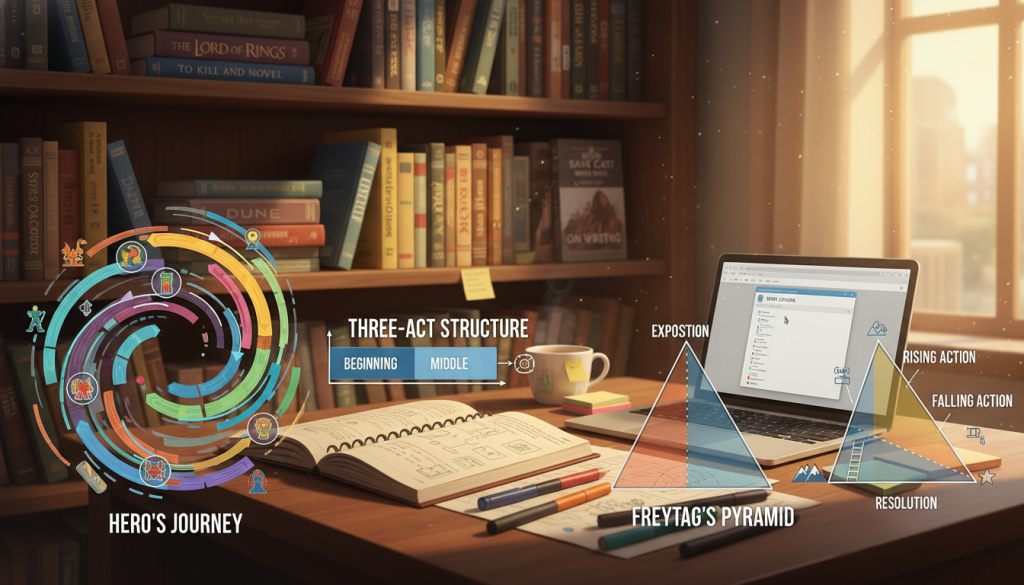 A visually engaging and informative illustration showcasing popular story structures for novel outlining. In the foreground, depict various story arcs (like the Hero’s Journey, Three-Act Structure, and Freytag’s Pyramid) as colorful, labeled diagrams with creative illustrations. In the middle, a neatly organized workspace with an open notebook, pens, and a laptop, symbolizing the outlining process. The background features a bookshelf filled with well-known novels and writing guides, hinting at literary inspiration. Soft, ambient lighting creates a warm and inviting atmosphere, while a slight depth of field blurs the background gently, drawing focus to the foreground elements. The image evokes a sense of creativity and motivation suitable for aspiring writers. A visually engaging and informative illustration showcasing popular story structures for novel outlining. In the foreground, depict various story arcs (like the Hero’s Journey, Three-Act Structure, and Freytag’s Pyramid) as colorful, labeled diagrams with creative illustrations. In the middle, a neatly organized workspace with an open notebook, pens, and a laptop, symbolizing the outlining process. The background features a bookshelf filled with well-known novels and writing guides, hinting at literary inspiration. Soft, ambient lighting creates a warm and inviting atmosphere, while a slight depth of field blurs the background gently, drawing focus to the foreground elements. The image evokes a sense of creativity and motivation suitable for aspiring writers.