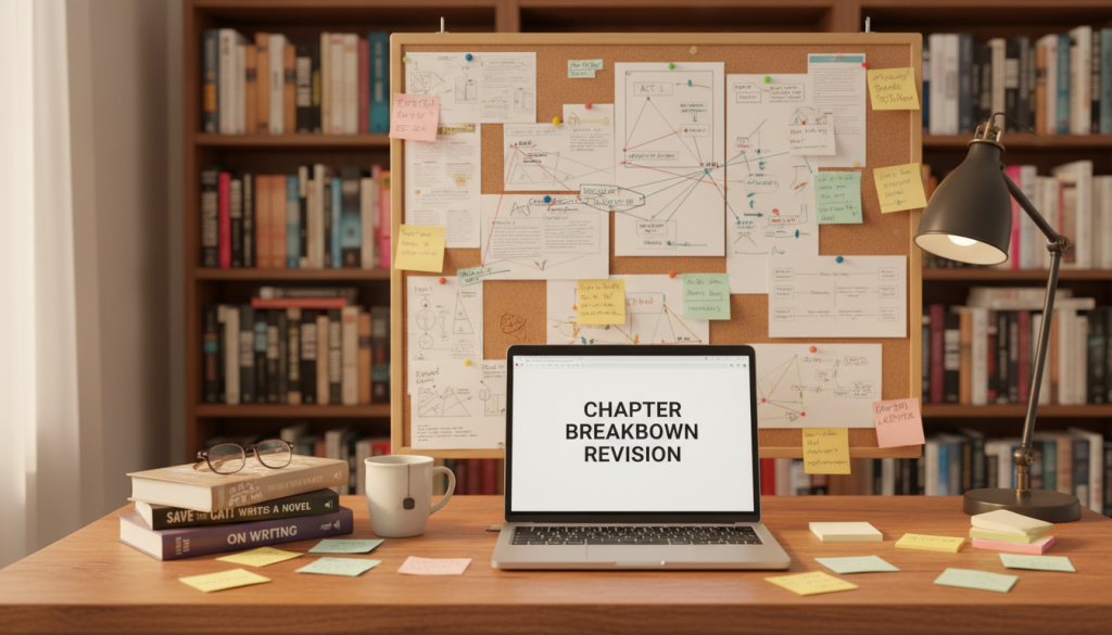 A visually engaging and organized workspace dedicated to the chapter breakdown revision process. In the foreground, a wooden desk is cluttered with colorful sticky notes, a laptop open displaying a word processor, and an assortment of well-worn books on writing techniques. In the middle, a large corkboard filled with chapter outlines, notes, and diagrams that illustrate the revision process is prominently displayed. The background features a softly lit bookshelf filled with classic literature and guides on writing. The atmosphere is focused and creative, with warm, ambient lighting that emphasizes a sense of commitment and productivity. A lens with a slight bokeh effect blurs the background slightly to draw attention to the desk and corkboard, adding depth to the scene. A visually engaging and organized workspace dedicated to the chapter breakdown revision process. In the foreground, a wooden desk is cluttered with colorful sticky notes, a laptop open displaying a word processor, and an assortment of well-worn books on writing techniques. In the middle, a large corkboard filled with chapter outlines, notes, and diagrams that illustrate the revision process is prominently displayed. The background features a softly lit bookshelf filled with classic literature and guides on writing. The atmosphere is focused and creative, with warm, ambient lighting that emphasizes a sense of commitment and productivity. A lens with a slight bokeh effect blurs the background slightly to draw attention to the desk and corkboard, adding depth to the scene.
