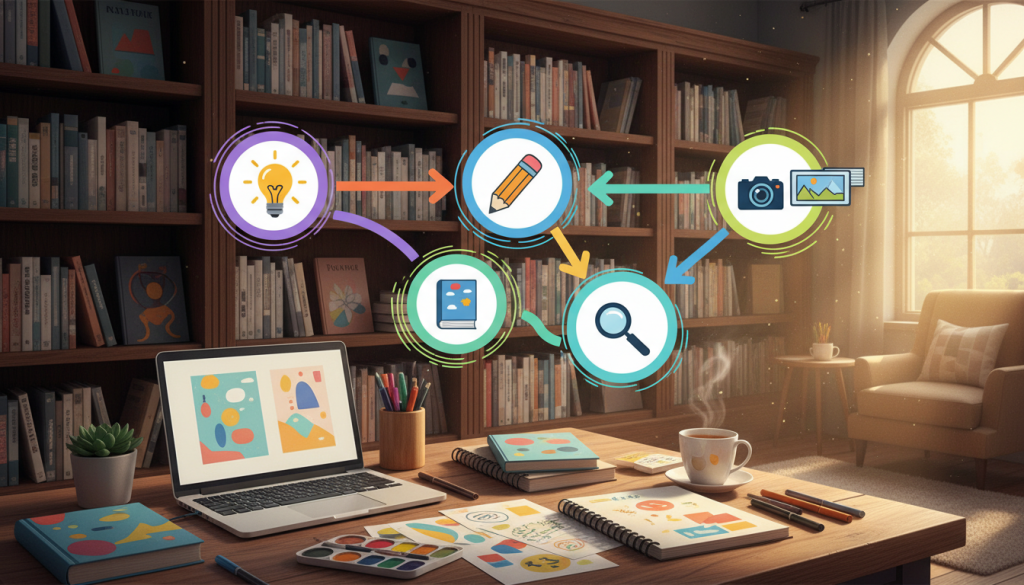 A visually engaging collage depicting the steps to write a book focused on integrating images and graphics. In the foreground, a stylish workspace with a laptop, opened notebooks, and colorful sketches scattered on a wooden table. In the middle ground, an illustrated flowchart showing the writing process: brainstorming ideas, drafting, editing, and incorporating visuals. Each step is represented with icons: a lightbulb for ideas, a pencil for drafting, a magnifying glass for editing, and a camera for adding graphics. The background features a cozy library with bookshelves filled with various titles and soft light filtering through a window, creating a warm, inspiring atmosphere. Use bright, inviting colors to evoke creativity. The scene is designed to inspire beginners in book design, portraying an organized and motivating environment without any text or identifiers.