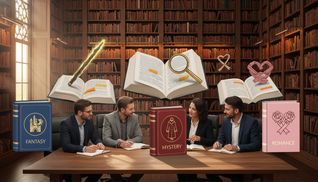 A visually engaging collage illustrating genre conventions and reader expectations in fiction writing. In the foreground, a diverse group of writers sits around a table, analyzing books with visible genre labels like fantasy, mystery, and romance on their covers, dressed in smart casual attire. In the middle, stacks of open books with highlighted passages, genre-specific elements like a wizard's wand, detective's magnifying glass, and a heart symbol emerge. The background features a cozy library filled with classic literary works, softly lit by warm, ambient lighting that creates an inviting atmosphere. Alternating shadows hint at the depth and complexity of storytelling. Capture the essence of creativity, analysis, and the unspoken promises between readers and authors, focusing on clarity and professionalism in the visual representation. A visually engaging collage illustrating genre conventions and reader expectations in fiction writing. In the foreground, a diverse group of writers sits around a table, analyzing books with visible genre labels like fantasy, mystery, and romance on their covers, dressed in smart casual attire. In the middle, stacks of open books with highlighted passages, genre-specific elements like a wizard's wand, detective's magnifying glass, and a heart symbol emerge. The background features a cozy library filled with classic literary works, softly lit by warm, ambient lighting that creates an inviting atmosphere. Alternating shadows hint at the depth and complexity of storytelling. Capture the essence of creativity, analysis, and the unspoken promises between readers and authors, focusing on clarity and professionalism in the visual representation.