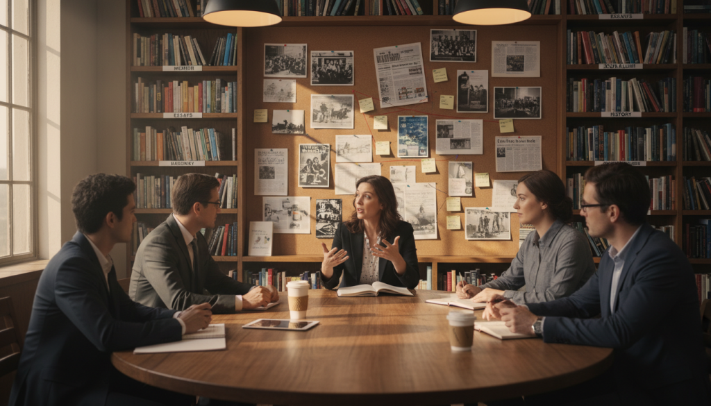 A visually engaging composition illustrating different forms of nonfiction storytelling. In the foreground, a diverse group of individuals in professional attire sits at a round table, with one person animatedly sharing a story. In the middle, a large corkboard filled with photographs, documentary clips, and text excerpts represents various storytelling mediums. In the background, shelves lined with books on memoirs, essays, and journalism create a scholarly atmosphere. Soft warm lighting enhances the scene, casting gentle shadows and emphasizing the immersed expressions of the storytellers. The angle is slightly above eye level, providing a comprehensive view of the collaboration and creativity, evoking a sense of inspiration and unity in the art of nonfiction storytelling.