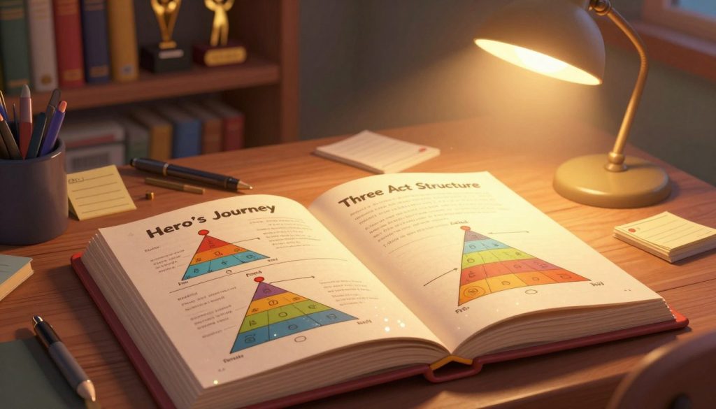 A visually engaging depiction of popular story structures for writing novels. In the foreground, a large, open book with shimmering pages reveals detailed diagrams of various story structures, including the Hero's Journey, Three-Act Structure, and Freytag's Pyramid, each elaborately illustrated. In the middle ground, a cozy writing desk adorned with writing tools like pens, notepads, and index cards suggests a writer’s workspace, while a warm desk lamp bathes the scene in golden light. The background features shelves filled with books and literary awards, creating an inspiring atmosphere. Soft shadows and rich textures add depth to the image, evoking a sense of creativity and focus. The overall mood is educational and inviting, perfect for aspiring authors. A visually engaging depiction of popular story structures for writing novels. In the foreground, a large, open book with shimmering pages reveals detailed diagrams of various story structures, including the Hero's Journey, Three-Act Structure, and Freytag's Pyramid, each elaborately illustrated. In the middle ground, a cozy writing desk adorned with writing tools like pens, notepads, and index cards suggests a writer’s workspace, while a warm desk lamp bathes the scene in golden light. The background features shelves filled with books and literary awards, creating an inspiring atmosphere. Soft shadows and rich textures add depth to the image, evoking a sense of creativity and focus. The overall mood is educational and inviting, perfect for aspiring authors.
