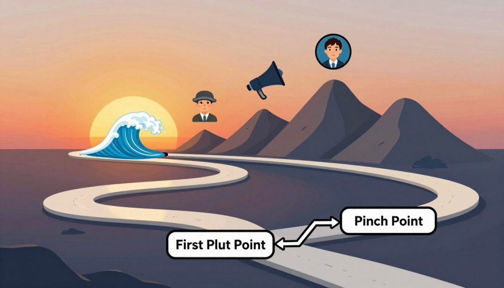 A visually engaging diagram illustrating the first plot point and pinch points in storytelling, displaying a well-defined structure of a story arc. In the foreground, a smooth path winding through key labels such as "First Plot Point" and "Pinch Point," seamlessly integrating arrows and brackets to signify changes in tension and stakes. The middle ground features dynamic visual icons representing escalating conflict and emotional stakes, such as a rising wave or mountain peaks. The background presents a gradient sunset, symbolizing change and anticipation, with soft lighting enhancing depth. The atmosphere conveys tension and excitement, inviting viewers to explore the complexities of narrative structure. The image is crafted with a clear perspective, akin to a business diagram, yet artistically rendered to engage and inform the audience.
