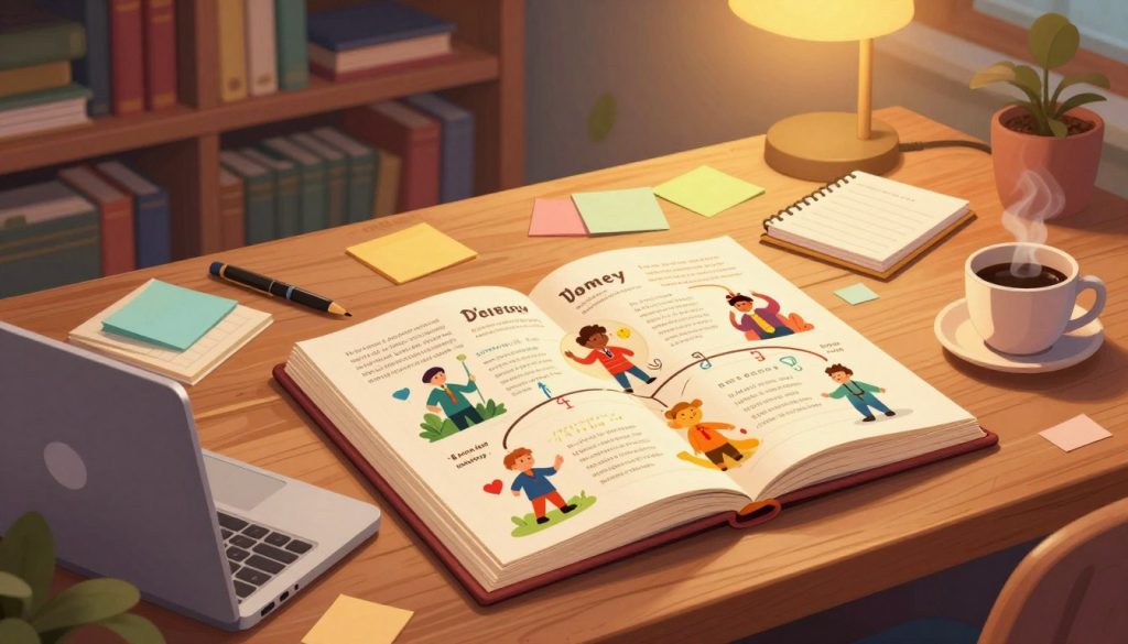 A visually engaging hero journey template laid out on an elegant wooden desk, featuring a large, open book displaying a colorful, illustrated diagram of the Hero's Journey stages. In the foreground, a modern laptop with the Storyloft logo is visible, alongside a steaming cup of coffee. The middle ground includes an array of brainstorming materials, such as notepads and colorful sticky notes, artistically scattered around the workspace. In the background, a soft-lit cozy library with shelves filled with books creates a warm and inviting atmosphere, highlighted by a gentle golden glow from a nearby lamp. The scene captures a mood of creativity and inspiration, designed for authors to visualize their storytelling process. The angle is slightly overhead to encompass the entire workspace, showcasing both the diagram and the author’s tools.