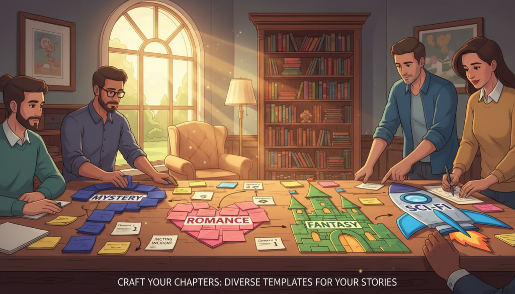 A visually engaging illustration depicting genre-specific outlining for narrative structures in a professional setting. In the foreground, a large wooden table is cluttered with colorful sticky notes arranged in various shapes, each representing different genres like mystery, romance, fantasy, and sci-fi. In the middle ground, a soft-focus bookshelf filled with writing reference books aligns against the wall, creating a scholarly atmosphere. The background features a large window allowing warm, natural light to flood the room, enhancing a sense of creativity and inspiration. The overall mood is organized yet dynamic, conveying the process of crafting chapter frameworks for storytelling, inviting writers to explore the diverse templates available for their narratives.