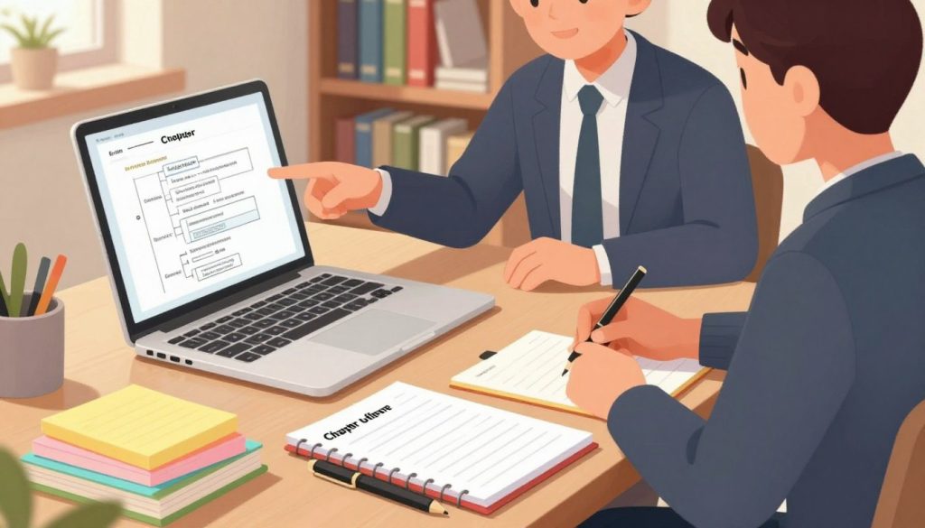 A visually engaging illustration depicting the chapter outline process in a workspace. In the foreground, a neatly organized desk features a stack of notepads, colorful sticky notes, and a laptop open to a document with a chapter outline. A pen lies beside the notepad, ready for brainstorming. In the middle ground, two figures—one dressed in professional business attire, the other in smart casual clothing—are engaged in discussion. The figure on the left points at the laptop screen, illustrating their outline, while the other takes notes. In the background, a bookshelf filled with writing guides creates a cozy, academic atmosphere. Warm, soft lighting highlights the scene, giving a sense of inspiration and productivity, captured from a slightly elevated angle to emphasize the collaborative effort. A visually engaging illustration depicting the chapter outline process in a workspace. In the foreground, a neatly organized desk features a stack of notepads, colorful sticky notes, and a laptop open to a document with a chapter outline. A pen lies beside the notepad, ready for brainstorming. In the middle ground, two figures—one dressed in professional business attire, the other in smart casual clothing—are engaged in discussion. The figure on the left points at the laptop screen, illustrating their outline, while the other takes notes. In the background, a bookshelf filled with writing guides creates a cozy, academic atmosphere. Warm, soft lighting highlights the scene, giving a sense of inspiration and productivity, captured from a slightly elevated angle to emphasize the collaborative effort.