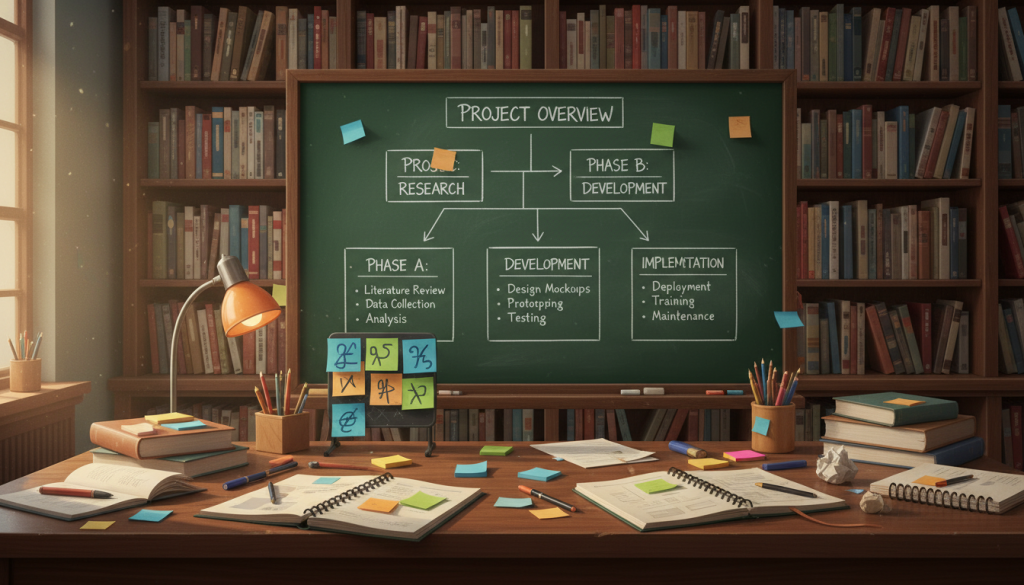 A visually engaging illustration depicting the concept of "chapter organization for breaking down complex projects." In the foreground, a sophisticated wooden desk cluttered with opened notebooks and colorful sticky notes, some displaying different chapters of a project plan. In the middle, a large chalkboard or whiteboard filled with diagrams and outlines, showcasing a clear structure with chapter headings and bullet points. The background features a softly lit library with shelves of books, symbolizing knowledge and organization. The atmosphere is calm and focused, illuminated by warm light, creating a productive workspace mood. The camera angle is slightly overhead, providing a comprehensive view of the workspace while emphasizing the organization of ideas without any text or branding. A visually engaging illustration depicting the concept of "chapter organization for breaking down complex projects." In the foreground, a sophisticated wooden desk cluttered with opened notebooks and colorful sticky notes, some displaying different chapters of a project plan. In the middle, a large chalkboard or whiteboard filled with diagrams and outlines, showcasing a clear structure with chapter headings and bullet points. The background features a softly lit library with shelves of books, symbolizing knowledge and organization. The atmosphere is calm and focused, illuminated by warm light, creating a productive workspace mood. The camera angle is slightly overhead, providing a comprehensive view of the workspace while emphasizing the organization of ideas without any text or branding.