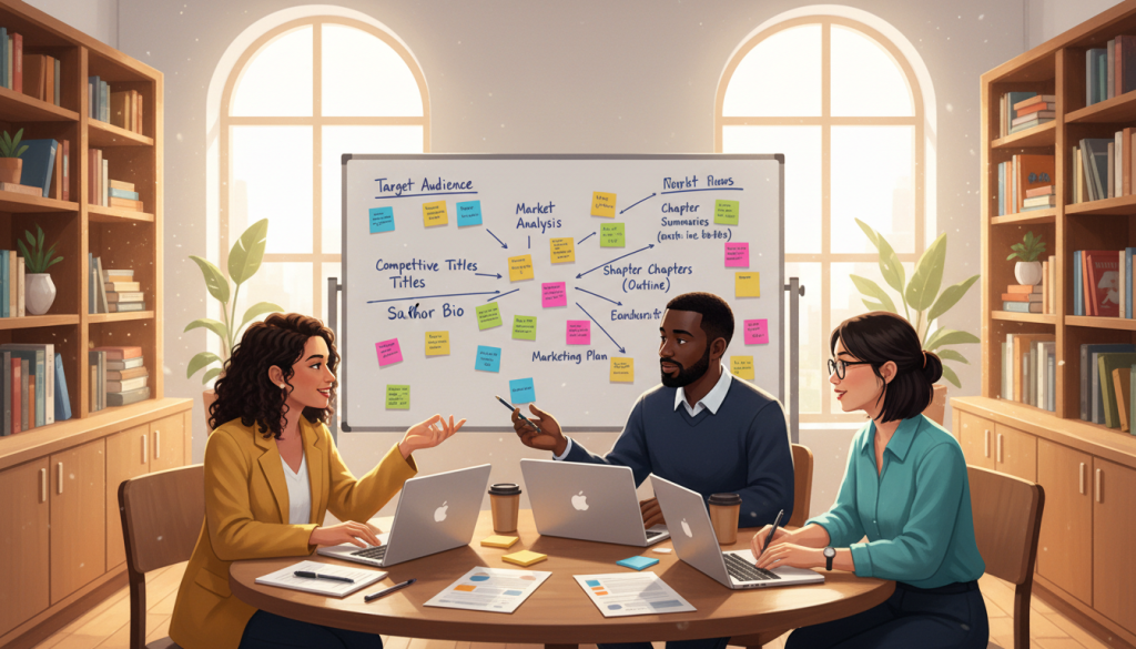 A visually engaging illustration of the book proposal development process for nonfiction authors. Foreground: a diverse group of three authors (one Hispanic woman, one Black man, and one Asian woman), seated around a table, engrossed in discussion, each with notebooks and laptops open, portraying professionalism in smart-casual attire. Middle: a large whiteboard filled with colorful sticky notes outlining key elements of a compelling book proposal, such as target audience, market analysis, and chapter summaries. Background: a bright, modern office space with bookshelves lined with bestselling nonfiction books, large windows allowing natural light to stream in, creating an inspiring atmosphere. The mood is collaborative and focused, reflecting creativity and strategic planning. Use a soft focus lens for a warm, inviting feel. A visually engaging illustration of the book proposal development process for nonfiction authors. Foreground: a diverse group of three authors (one Hispanic woman, one Black man, and one Asian woman), seated around a table, engrossed in discussion, each with notebooks and laptops open, portraying professionalism in smart-casual attire. Middle: a large whiteboard filled with colorful sticky notes outlining key elements of a compelling book proposal, such as target audience, market analysis, and chapter summaries. Background: a bright, modern office space with bookshelves lined with bestselling nonfiction books, large windows allowing natural light to stream in, creating an inspiring atmosphere. The mood is collaborative and focused, reflecting creativity and strategic planning. Use a soft focus lens for a warm, inviting feel.