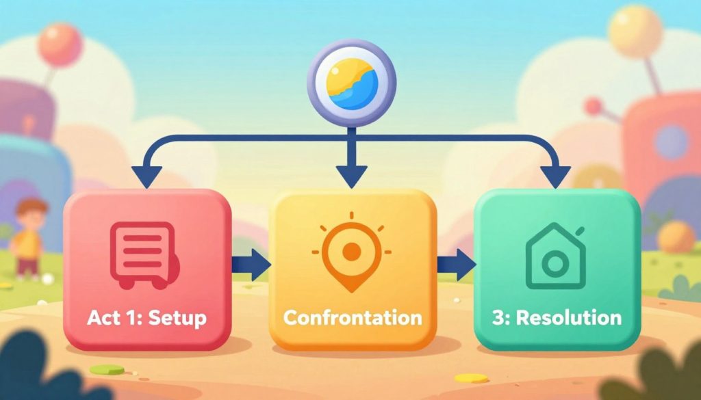A visually engaging illustration of the three-act structure in storytelling, featuring a vibrant and organized flowchart. In the foreground, display three distinct sections labeled "Act 1: Setup," "Act 2: Confrontation," and "Act 3: Resolution," each represented with unique color schemes and icons symbolizing their themes. In the middle, connect these sections with dynamic arrows guiding the viewer's eye to emphasize progression and development in the narrative. The background should be a soft gradient that evokes a sense of adventure and creativity, with abstract shapes hinting at characters and plot elements. Utilize soft lighting to create an inviting atmosphere, and select an airy perspective that allows the structure to stand out, ensuring it’s both engaging and instructive for the viewer. A visually engaging illustration of the three-act structure in storytelling, featuring a vibrant and organized flowchart. In the foreground, display three distinct sections labeled "Act 1: Setup," "Act 2: Confrontation," and "Act 3: Resolution," each represented with unique color schemes and icons symbolizing their themes. In the middle, connect these sections with dynamic arrows guiding the viewer's eye to emphasize progression and development in the narrative. The background should be a soft gradient that evokes a sense of adventure and creativity, with abstract shapes hinting at characters and plot elements. Utilize soft lighting to create an inviting atmosphere, and select an airy perspective that allows the structure to stand out, ensuring it’s both engaging and instructive for the viewer.