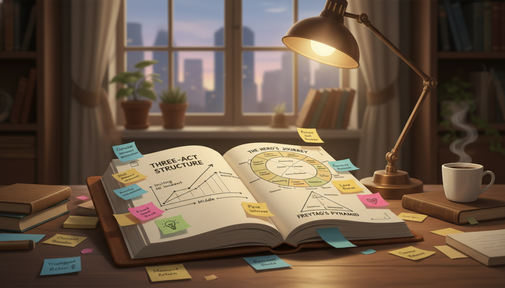 A visually engaging illustration of various popular story structures framed as an outline. In the foreground, showcase a large, open notebook filled with neatly organized diagrams, including the Three-Act Structure, Hero's Journey, and Freytag’s Pyramid. The middle layer should feature an array of sticky notes with colorful labels representing different plot points and character arcs. In the background, an elegant workspace with a wooden desk and a softly lit lamp creates a warm and inviting atmosphere. The lighting should be soft and natural, giving a sense of creativity and inspiration. The overall mood is motivational and informative, perfect for aspiring writers looking to outline their stories effectively. A visually engaging illustration of various popular story structures framed as an outline. In the foreground, showcase a large, open notebook filled with neatly organized diagrams, including the Three-Act Structure, Hero's Journey, and Freytag’s Pyramid. The middle layer should feature an array of sticky notes with colorful labels representing different plot points and character arcs. In the background, an elegant workspace with a wooden desk and a softly lit lamp creates a warm and inviting atmosphere. The lighting should be soft and natural, giving a sense of creativity and inspiration. The overall mood is motivational and informative, perfect for aspiring writers looking to outline their stories effectively.