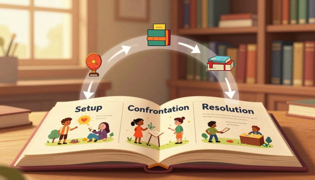 A visually engaging representation of the "Three Act Structure" in storytelling. In the foreground, a large open book displaying three distinct sections labeled "Setup," "Confrontation," and "Resolution," illustrated with vibrant illustrations depicting key story elements: characters, challenges, and resolutions. In the middle ground, a flowing, abstract diagram connects the three acts, symbolizing their relationships and transitions, with arrows and icons enhancing understanding. The background features a softly lit library filled with shelves of books, creating an inviting, scholarly atmosphere. Warm, golden lighting filters in through a window, evoking a sense of inspiration and creativity. The overall mood is informative and imaginative, inviting readers to explore the art of storytelling.