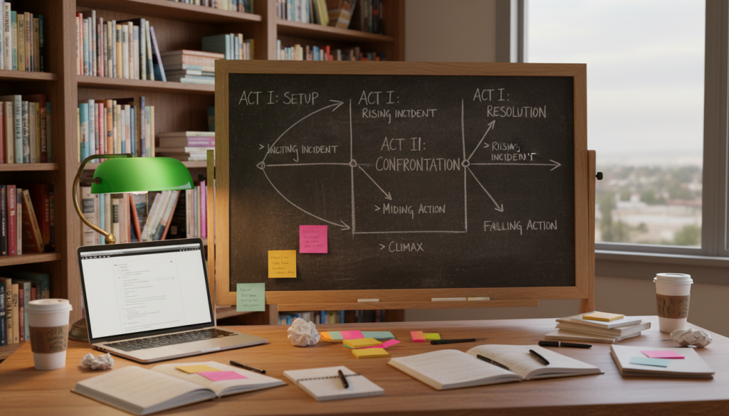 A visually engaging representation of the three-act structure for outlining stories, featuring a dynamic scene in a cozy, well-lit writing studio. In the foreground, a large wooden desk is cluttered with notebooks, colorful sticky notes, and a laptop, all suggesting an active brainstorming session. In the middle ground, a chalkboard or whiteboard displays a clear diagram of the three acts, with lines connecting key plot points and arrows indicating progression. The background showcases bookshelves filled with novels and writing guides, accentuating the scholarly atmosphere. Soft, warm lighting from a desk lamp creates an inviting mood, while a large window hints at a peaceful outdoor view, adding to the inspirational setting. The image should capture the essence of creativity and structured thinking, ideal for writers looking to outline their stories effectively. A visually engaging representation of the three-act structure for outlining stories, featuring a dynamic scene in a cozy, well-lit writing studio. In the foreground, a large wooden desk is cluttered with notebooks, colorful sticky notes, and a laptop, all suggesting an active brainstorming session. In the middle ground, a chalkboard or whiteboard displays a clear diagram of the three acts, with lines connecting key plot points and arrows indicating progression. The background showcases bookshelves filled with novels and writing guides, accentuating the scholarly atmosphere. Soft, warm lighting from a desk lamp creates an inviting mood, while a large window hints at a peaceful outdoor view, adding to the inspirational setting. The image should capture the essence of creativity and structured thinking, ideal for writers looking to outline their stories effectively.