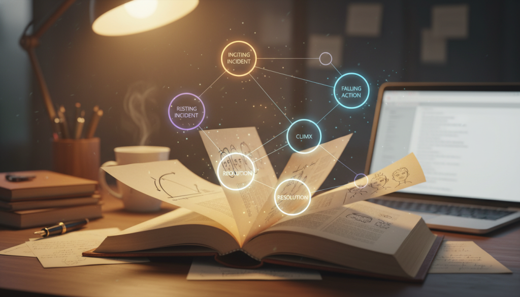 A visually engaging scene depicting the concept of "plot development in storytelling." In the foreground, illustrate an open book with pages slowly turning, showcasing various plot arcs and character sketches. The middle ground features a flowchart connecting different plot points, with arrows guiding the viewer's eye across the composition. In the background, a cozy writer's desk bathed in warm, soft lighting sets the atmosphere, with scattered notes and a laptop. Use a shallow depth of field to create a focus on the book and flowchart while maintaining the desk's charm. The overall mood should be inspiring and creative, filled with an inviting glow that encourages exploration and storytelling. A visually engaging scene depicting the concept of "plot development in storytelling." In the foreground, illustrate an open book with pages slowly turning, showcasing various plot arcs and character sketches. The middle ground features a flowchart connecting different plot points, with arrows guiding the viewer's eye across the composition. In the background, a cozy writer's desk bathed in warm, soft lighting sets the atmosphere, with scattered notes and a laptop. Use a shallow depth of field to create a focus on the book and flowchart while maintaining the desk's charm. The overall mood should be inspiring and creative, filled with an inviting glow that encourages exploration and storytelling.