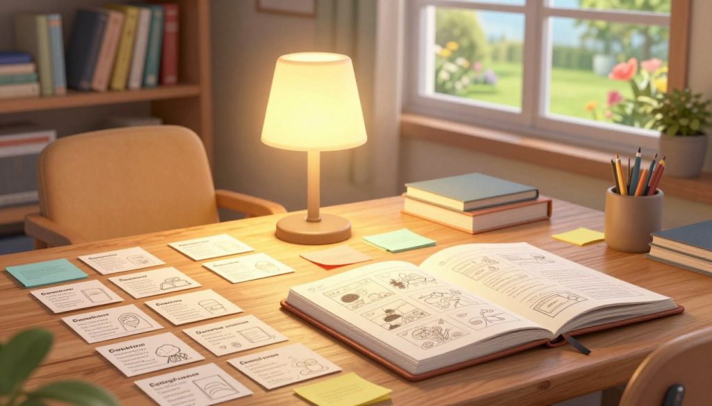 A visually engaging workspace filled with the essence of book outlining. In the foreground, a wooden desk cluttered with neatly arranged index cards, each representing different chapters, alongside colorful sticky notes and a large open notebook with neatly written scene outlines. In the middle, a soft, illuminated lamp casts a warm glow over the scene, enhancing the inviting and creative atmosphere. A cozy armchair is positioned nearby, suggesting a comfortable writing nook. In the background, a bookshelf filled with various books and a window revealing a serene garden view, hinting at inspiration from nature. The overall mood is inspiring and calm, encouraging creativity and focus, with natural lighting filtering softly through the window to add warmth. A visually engaging workspace filled with the essence of book outlining. In the foreground, a wooden desk cluttered with neatly arranged index cards, each representing different chapters, alongside colorful sticky notes and a large open notebook with neatly written scene outlines. In the middle, a soft, illuminated lamp casts a warm glow over the scene, enhancing the inviting and creative atmosphere. A cozy armchair is positioned nearby, suggesting a comfortable writing nook. In the background, a bookshelf filled with various books and a window revealing a serene garden view, hinting at inspiration from nature. The overall mood is inspiring and calm, encouraging creativity and focus, with natural lighting filtering softly through the window to add warmth.