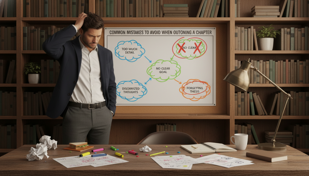 A visually engaging workspace illustrating "Common Mistakes to Avoid When Outlining a Chapter." In the foreground, a cluttered wooden desk with scattered papers, highlighters, and an open notebook displaying messy, ineffective outlines. In the middle ground, a thoughtful person in professional business attire, scratching their head in confusion while reviewing a brightly colored mind map pinned to a corkboard with red circles highlighting mistakes. In the background, shelves filled with books and a softly lit lamp creating a warm atmosphere. The lighting is warm and inviting, emphasizing focus and reflection. The angle captures both the desk and the person in a way that conveys the struggle between chaos and organization. The overall mood should balance between frustration and clarity, highlighting the theme of improvement and learning.