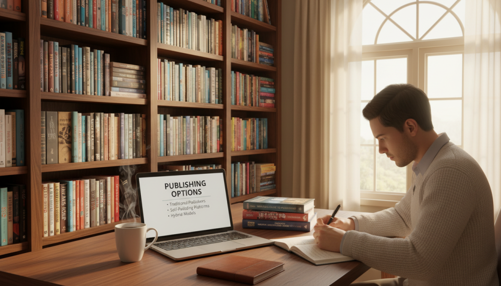 A visually engaging workspace illustrating "Making Publishing Decisions" for aspiring novelists. In the foreground, a neatly organized desk featuring a laptop open to a document titled "Publishing Options", alongside a steaming cup of coffee and a stack of diverse publishing guides. The middle ground showcases a well-lit bookshelf filled with novels from different genres, symbolizing traditional and self-publishing. In the background, a large window lets in warm, natural light, casting a soft glow over the scene. A person in professional attire, focused and contemplative, is seated at the desk, jotting down notes. The atmosphere is productive and inspiring, inviting viewers to contemplate their publishing choices. The scene is captured with a slight top-down angle, emphasizing the workspace's warmth and creativity.