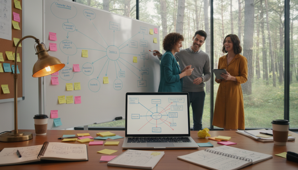A visually engaging workspace scene illustrating the process of outlining multiple points of view and complex narratives. In the foreground, a polished wooden desk is scattered with open notebooks, colorful sticky notes, and a laptop displaying a mind map. A cozy reading lamp casts warm, focused light on the desk, creating a sense of clarity and focus. In the middle ground, a diverse group of professionals, dressed in smart casual attire, are collaborating, discussing ideas animatedly while pointing to a large whiteboard filled with diagrams and flowcharts. In the background, a large window reveals a tranquil forest, adding an element of inspiration and calm. The overall atmosphere is one of creativity and productive brainstorming, ideal for generating innovative narrative outlines.