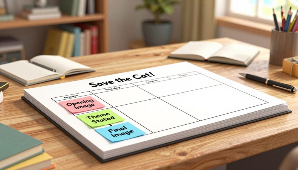A visually organized beat sheet structure designed for storytelling, inspired by Blake Snyder's 'Save the Cat!' method. In the foreground, a large, layered beat sheet on a wooden desk, featuring colorful sticky notes labeled with key elements such as "Opening Image," "Theme Stated," and "Final Image." The middle ground displays a bright, illuminated workspace with writing tools like pens and notebooks scattered around. In the background, a cozy room filled with bookshelves and soft lighting, creating an inviting atmosphere for creative writing. The scene is captured from a slight high angle, enhancing depth, with warm, natural lighting to evoke inspiration and motivation.