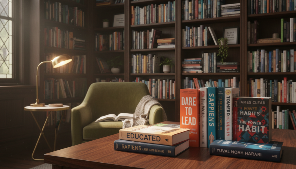 A visually striking composition featuring a collection of influential non-fiction books displayed prominently in the foreground. The books should include recognizable titles and authors, with colorful covers and elegant bookspines, arranged on a sleek wooden table. In the middle ground, a cozy reading nook with a plush armchair and a small lamp casts a warm glow, inviting viewers into the scene. In the background, a well-stocked bookshelf filled with various non-fiction titles creates a scholarly atmosphere. Soft, natural lighting filters through a nearby window, accentuating the textures of the books and furniture. The overall mood is one of intellectual curiosity and inspiration, inviting viewers to explore and learn from established authors. No text, watermarks, or distractions present.