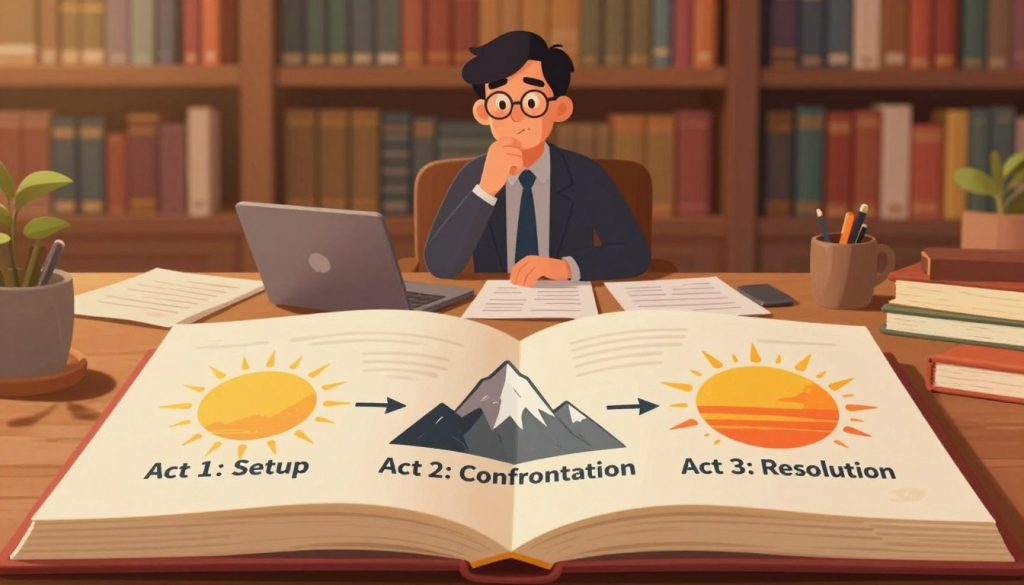 A visually striking, educational illustration of the three act structure in storytelling. In the foreground, a large, open book with detailed illustrations representing key elements of the three acts: a rising sun depicting 'Act 1: Setup,' a dramatic mountain peak for 'Act 2: Confrontation,' and a setting sun symbolizing 'Act 3: Resolution.' In the middle ground, an experienced writer in professional attire ponders thoughtfully, surrounded by papers and a laptop. The background features a cozy library filled with shelves of books, softly lit with warm, ambient lighting to create an inviting atmosphere. The lens captures a slight depth of field, emphasizing the book and the writer while gently blurring the library beyond, fostering focus on the storytelling elements.