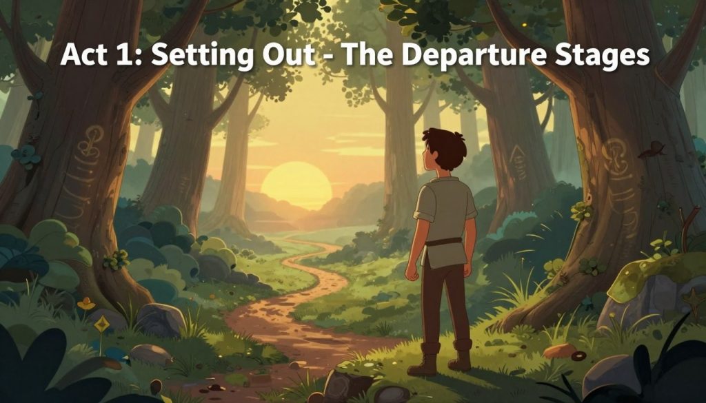 A visually striking illustration of the Hero's Journey outline, focusing on "Act 1: Setting Out - The Departure Stages." In the foreground, a determined hero stands at the edge of a dense, mystical forest, wearing modest casual clothing, gazing into the distance with a sense of purpose. In the middle ground, a winding path leads into the forest, flanked by ancient trees and hints of magical elements, such as glowing symbols etched on the bark. In the background, a serene horizon bathed in golden sunlight suggests the initial promise of adventure. The atmosphere is one of hope and anticipation, with soft, warm lighting and a slightly foggy ambiance, enhancing the mystical feel of the journey. Capture the essence of a new beginning, emphasizing the hero's courageous spirit as they prepare to depart for the unknown.